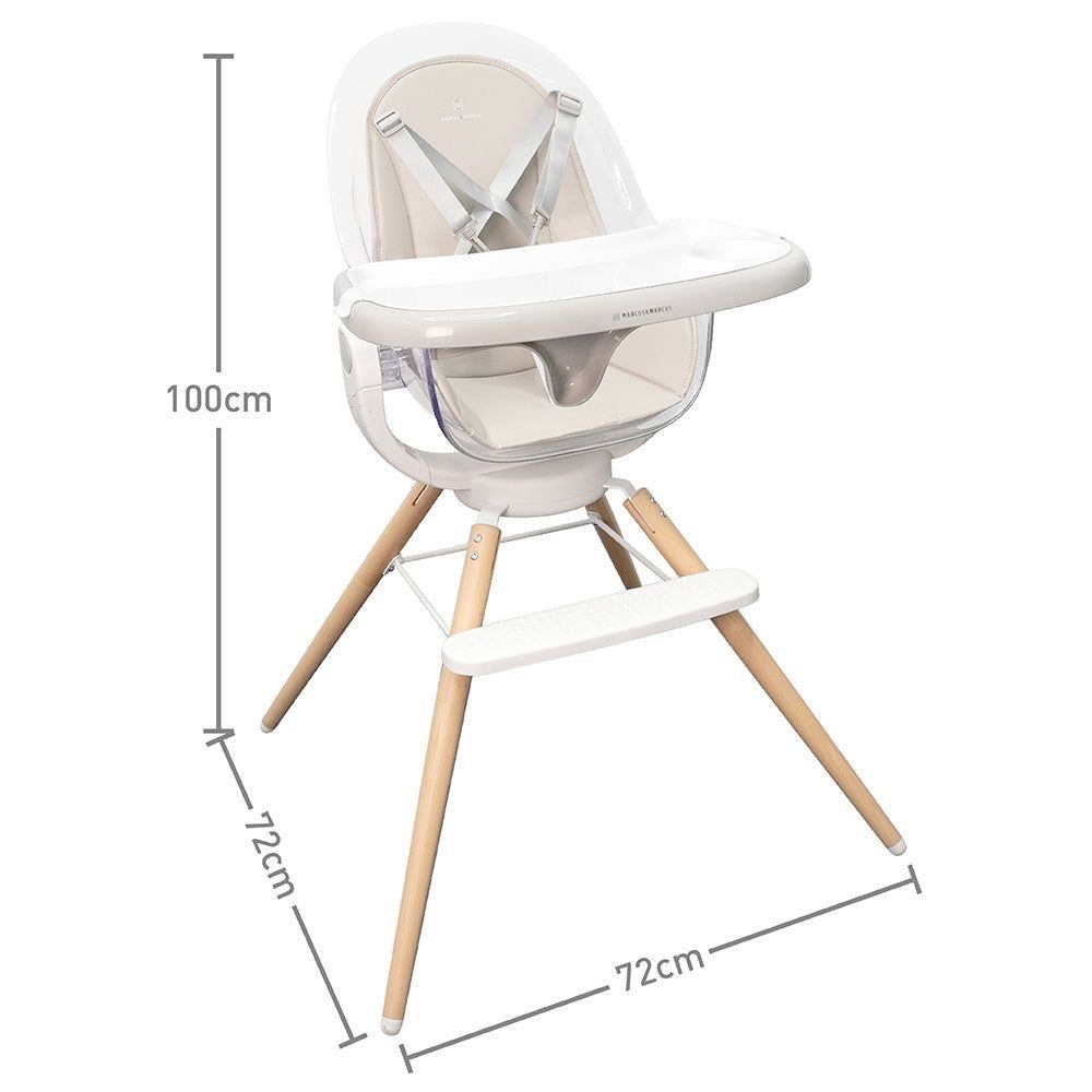 Marcus & Marcus 360° High Chair (Category: Baby High Chairs) located in Cebu City. Submitted by yhelg (Listing ID 1466810580, Image 3). Description: - Brand: Marcus & Marcus high chair - 360-degree swivel function for easy access - Reclining seat back and removable food tray - Secure safety harness straps - Sturdy wooden legs with a built-in footrest - Neutral beige cushioning with a clear shell design - Tool-free, quick, and easy assembly.
