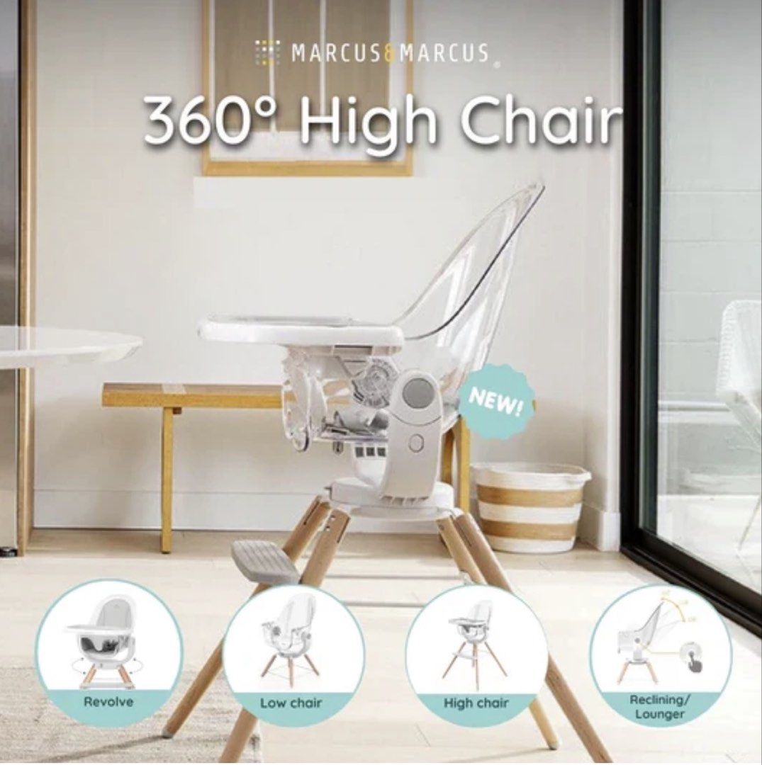 Marcus & Marcus 360° High Chair (Category: Baby High Chairs) located in Cebu City. Submitted by yhelg (Listing ID 1466810580, Image 2). Description: - Brand: Marcus & Marcus high chair - 360-degree swivel function for easy access - Reclining seat back and removable food tray - Secure safety harness straps - Sturdy wooden legs with a built-in footrest - Neutral beige cushioning with a clear shell design - Tool-free, quick, and easy assembly.