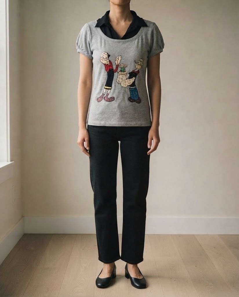 MARKS & SPENCER OLIVE OYL GRAY BLOUSE (Category: Blouses) located in Marikina City. Submitted by minimalistmanila (Listing ID 1466889483, Image 1). Description: Marks & Spencer Per Una Popeye Olive Oyl gray cotton top. With crystal-like details. Fits small to semi medium. Label removed. Order now! .