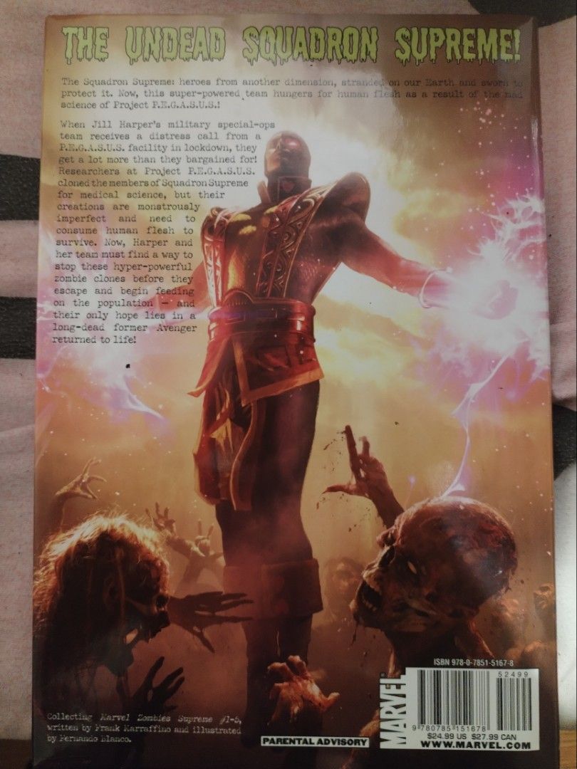Marvel Zombies Supreme Graphic Novel Hardcover (Category: Comics & Manga) located in Manila. Submitted by athenache50065 (Listing ID 1466865896, Image 2). Description: - Title: Marvel Zombies Supreme - Format: Hardcover - Issue Collection: Issues 1 to 5 - Creators: Written by Frank Marraffino, Art by Fernando Blanco - Plot: Squadron Supreme heroes as undead flesh-eaters - Condition: Hardcover standard edition with barcode on back cover, perfect f