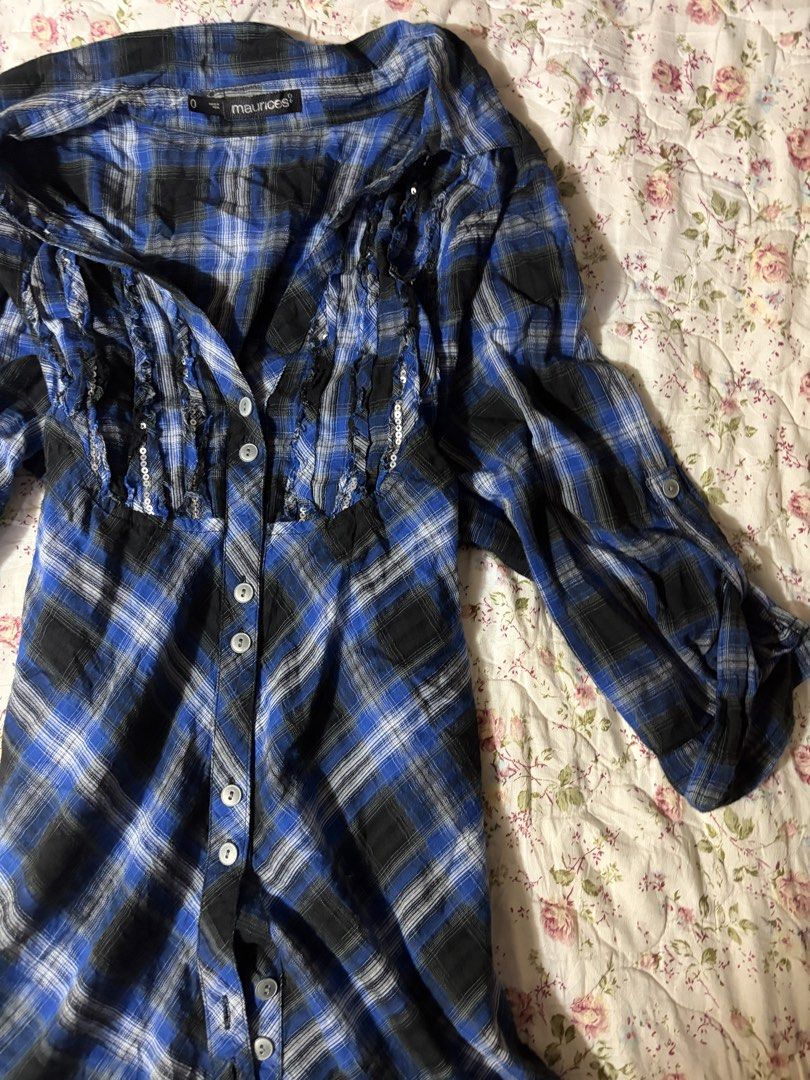Maurices Blue Plaid Polo Ruffled Top (Category: Longsleeves) located in Muntinlupa City. Submitted by herellas0504 (Listing ID 1466900537, Image 3). Description: Maurices Blue Plaid Polo Ruffled Top Mine: 250 | Lock: 350 ———————————— size: med-large (can keri small but not fit, can be dress over jeans) no issue best.