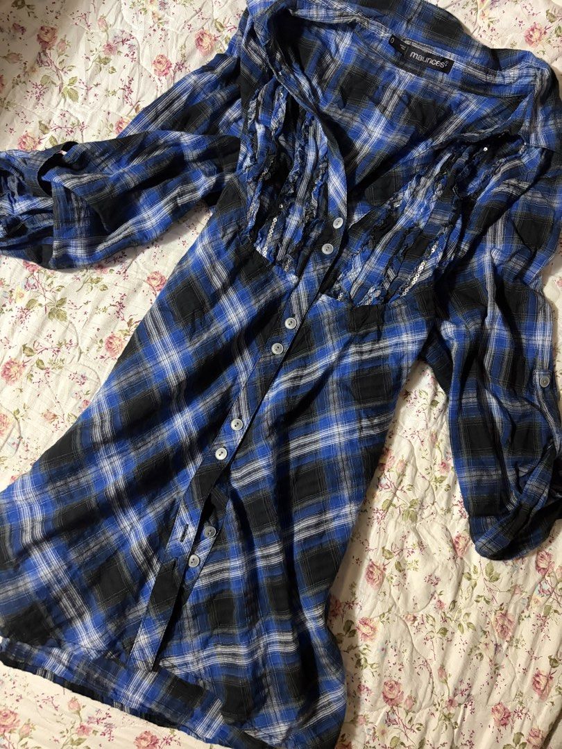 Maurices Blue Plaid Polo Ruffled Top (Category: Longsleeves) located in Muntinlupa City. Submitted by herellas0504 (Listing ID 1466900537, Image 2). Description: Maurices Blue Plaid Polo Ruffled Top Mine: 250 | Lock: 350 ———————————— size: med-large (can keri small but not fit, can be dress over jeans) no issue best.