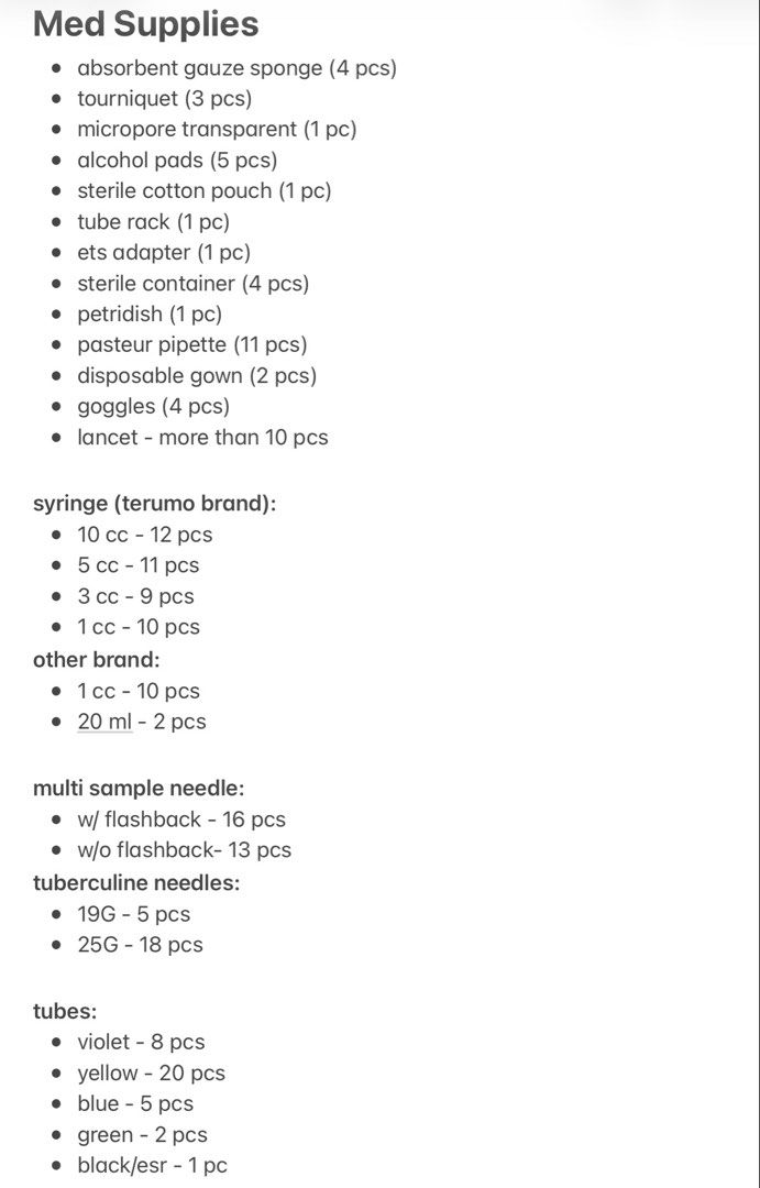 Medtech supplies (Category: Medical Supplies & Tools) located in Bulacan. Submitted by k.sells_ (Listing ID 1466888295, Image 2). Description: Medtech/Med supplies - 2nd picture (list of all materials - good as new (not used) - loc: bulacan .