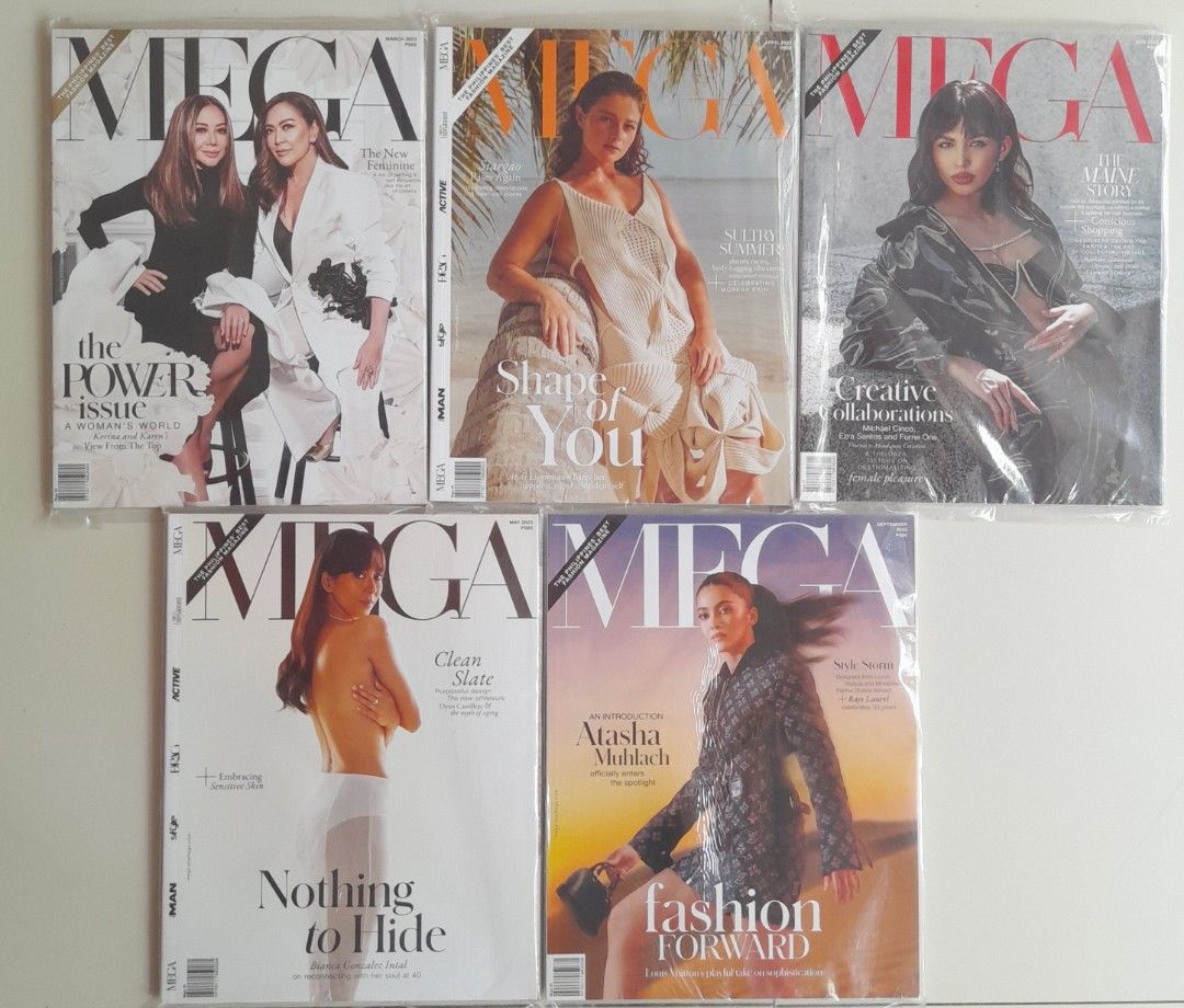 ​MEGA Magazine 2023 Issues (Bundle or Solo) (#1) (Category: Magazines) located in Batangas. Submitted by bluehasnoclue (Listing ID 1466777744, Image 1). Description: ​Take All (5 Issues Bundle): ₱750 ​Individual Purchase: ​Maine Mendoza (Nov 2023) - ₱280 ​Atasha Muhlach Debut Cover (Sept 2023) - ₱250 ​Andi Eigenmann (April 2023) - ₱180 ​Bianca Gonzalez Intal (May 2023) - ₱160 ​Korina Sanchez & Karen Davila (March 2023) - ₱160 °​Condition: Pre-lov