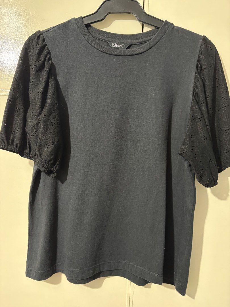 MEMO Black Short Sleeve Blouse Medium (Category: Blouses) located in Caloocan City. Submitted by mommyk2026 (Listing ID 1466790664, Image 1). Description: MEMO Black Short Sleeve Blouse Size: Medium - Material: Soft cotton body - Design: Crew neck with short puff sleeves - Detail: Eyelet embroidery on sleeves - Condition: Great basic top for casual daily wear Office / Casual Attire Negotiable RFS: Decluttering Payment via Gcash/ Online bank trans