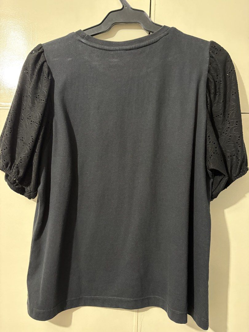 MEMO Black Short Sleeve Blouse Medium (Category: Blouses) located in Caloocan City. Submitted by mommyk2026 (Listing ID 1466790664, Image 3). Description: MEMO Black Short Sleeve Blouse Size: Medium - Material: Soft cotton body - Design: Crew neck with short puff sleeves - Detail: Eyelet embroidery on sleeves - Condition: Great basic top for casual daily wear Office / Casual Attire Negotiable RFS: Decluttering Payment via Gcash/ Online bank trans