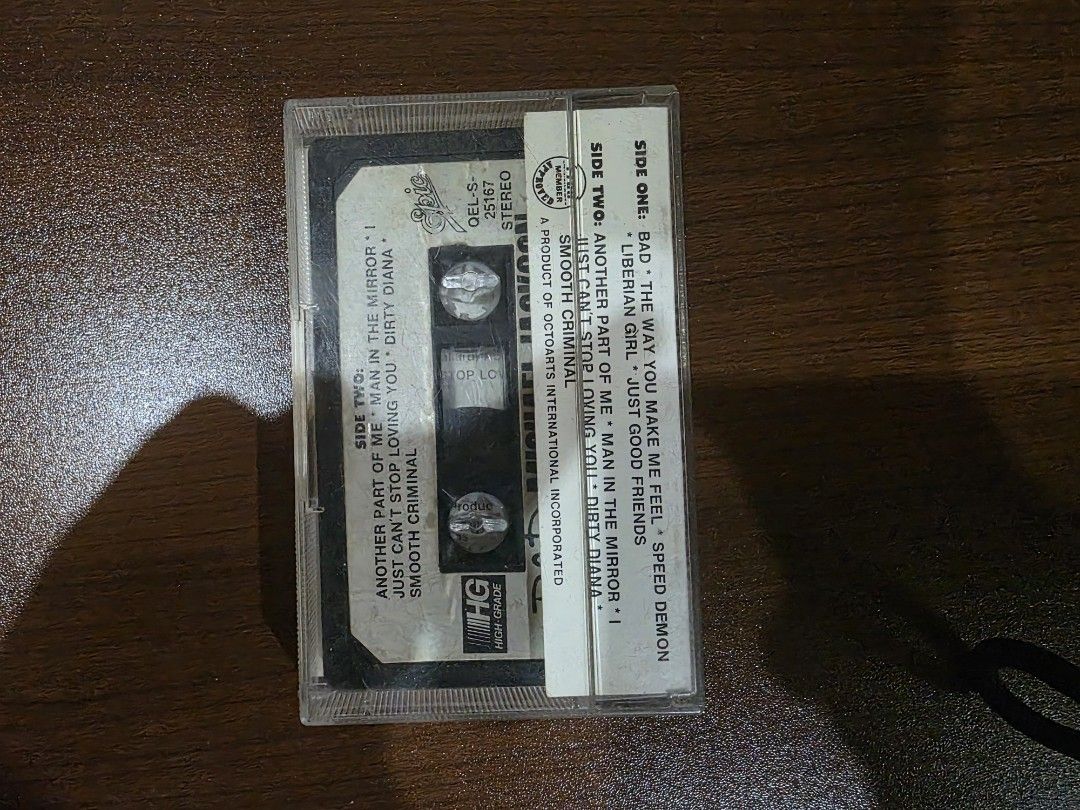 (ORIGINAL 1987) Michael Jackson - Bad (Cassette Tape) (Category: CDs & DVDs) located in Camalig. Submitted by kyoudayo (Listing ID 1466882230, Image 3). Description: - Artist & Title: Michael Jackson - Bad - Format: Cassette Tape - Label: Epic Records - Condition: Both sides working tested - Tracklist: Side A 1. Bad 2. The Way You Make Me Feel 3. Speed Demon 4. Liberian Girl 5. Just Good Friends Side B 6. Another Part of Me 7. Man in the Mirror 8