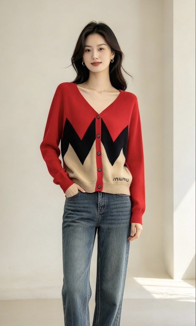 Miu Miu Red Black Beige Pattern Cardigan Size 38 (Category: Coats, Jackets and Outerwear) located in Paranaque City. Submitted by preluxeshop_ph (Listing ID 1466962992, Image 1). Description: Miu Miu Red Black Beige Pattern Cardigan Size 38 -V-neck front with button closure -Embroidered branding near the bottom hem. Size 38 listed on the inner tag -Made in Italy.