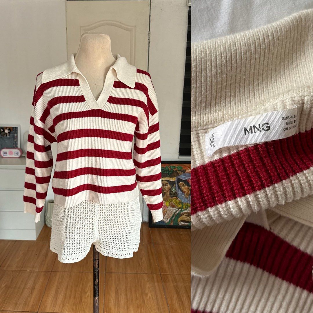 MNG Red and White Striped Collared Sweater (Category: Coats, Jackets and Outerwear) located in Naga. Submitted by maartsy.co (Listing ID 1466884558, Image 1). Description: - Brand: MNG - Style: Red and white striped sweater with pointed collar and V-neckline - Details: Long sleeves, ribbed cuffs and hem, clear size tag - Fabric: Comfortable, stretchy knit - Condition: Great casual piece for cooler weather.