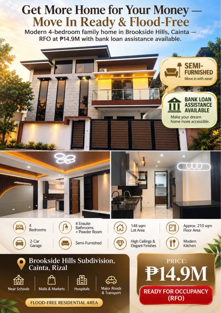 MODERN LUXURY DUPLEX FOR SALE - Cainta Rizal (Category: House & Lot) located in Manila. Submitted by ams.777 (Listing ID 1465045644, Image 1). Description: Berkshire Street | Flood-Free Residential Area An exceptional four-bedroom modern duplex thoughtfully designed for families who value comfort, privacy, security, and refined contemporary living. Built on a 148 sqm lot with approximately 210 sqm of floor area, this spacious residence features h