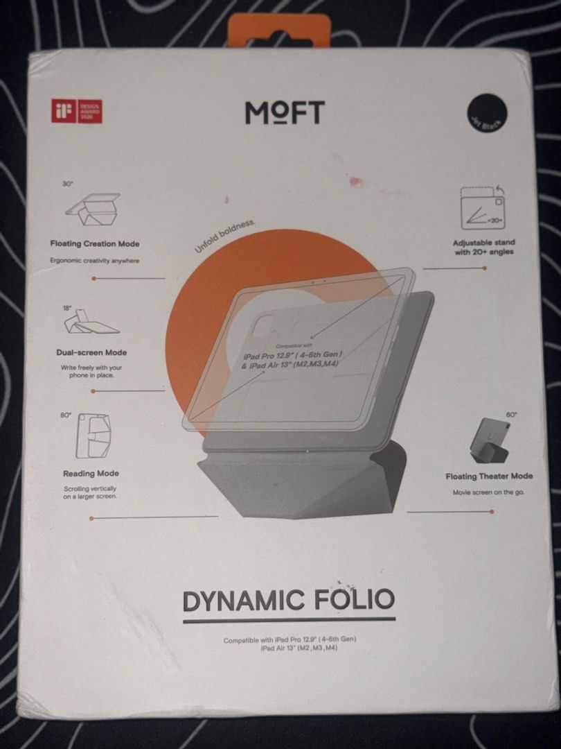 Moft Dynamic Folio (Category: Cases & Sleeves) located in Echague. Submitted by armielur (Listing ID 1466786960, Image 1). Description: - Brand: Moft - Model: Dynamic Folio - Color: Jet Black - Compatibility: iPad Pro 12.9" (4th-6th Gen) & iPad Air 13" (M2, M3, M4) - Adjustable stand with over 20+ viewing angles - Multiple modes including Floating Creation Mode, Dual-screen Mode, Reading Mode, and Floating Theater Mode.