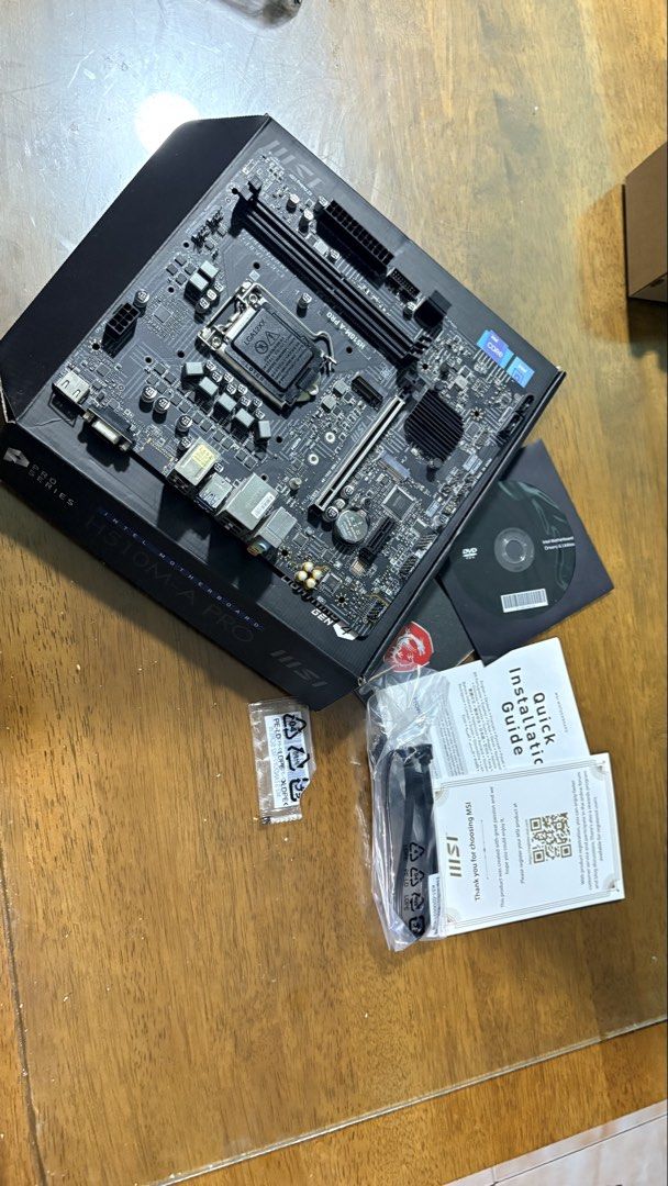 MSI H510M-A PRO Motherboard (Category: Computer Parts) located in Caloocan City. Submitted by ryanlim2007_ (Listing ID 1466814246, Image 3). Description: - Model: MSI H510M-A PRO Motherboard - Socket: LGA1200 (Supports 10th and 11th Gen Intel processors) - Condition: Excellent, stored in original anti-static bag - Inclusions: Original box, quick installation guide, driver CD, SATA cable, and M.2 screw - Perfect for budget-friendly gaming or offic