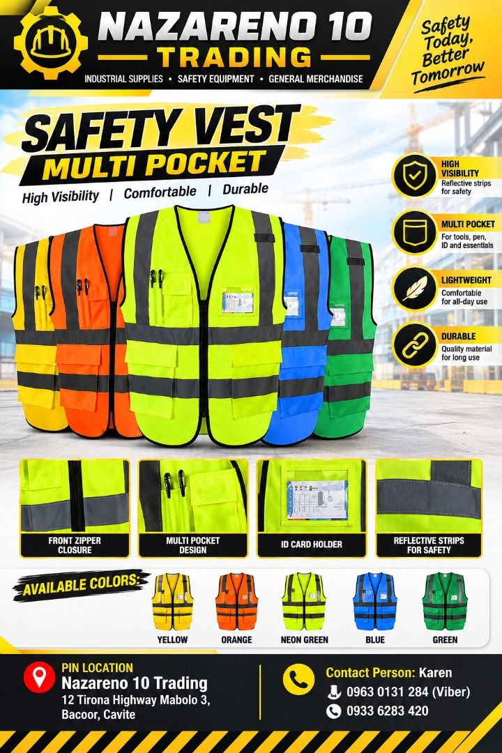 Multi Pocket Safety Vest (Category: Looking For) located in Bacoor. Submitted by kajezame.2021 (Listing ID 1466809410, Image 1). Description: Multi Pocket Safety Vest For More Details and Discount Contact Ms. Karen NAZARENO 10 TRADING 0963 0131 284 0933 6283 420 0956 7028 557 0933 8559 510 Landline: Look for Ms. Karen (046 ) 416 3920 Also available: • Traffic cone • Parking Block stopper • Hooded trash bin • Road Plastic Barrier • Spill boom • Fi
