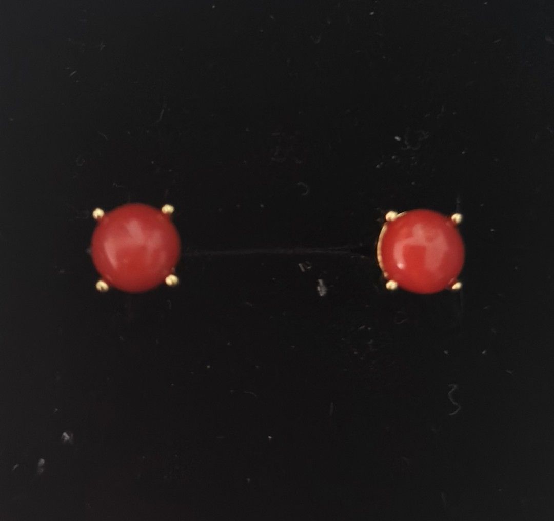 Natural corales stud earrings (Category: Earrings) located in Batangas. Submitted by decluttering_bliss (Listing ID 1466775259, Image 1). Description: - Design: Classic round corales gemstone studs set in yellow gold-tone silver mountings - Style: Simple and versatile, perfect for everyday wear - Appearance: Bright red color that stands out nicely - Comfort & Security: Equipped with secure backings.