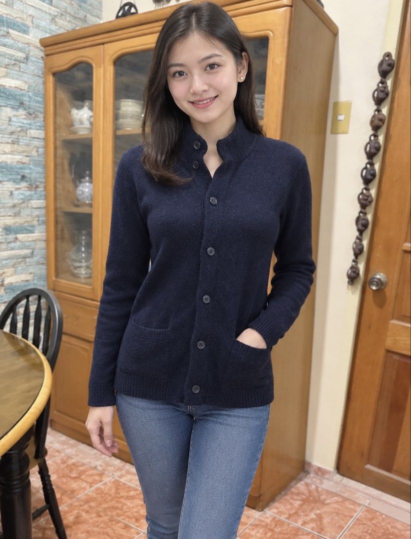 Navy Blue Button-Up Mock Neck Cardigan Sweater (Category: Coats, Jackets and Outerwear) located in Rizal. Submitted by shoppables (Listing ID 1466093839, Image 1). Description: - Color: Dark navy blue - Style: Mock neck cardigan with front button closure - Features: Two front patch pockets, ribbed cuffs, and hem - Material: Classic knit fabric - Condition: Clean and well-maintained - Perfect for: Cold weather layering.