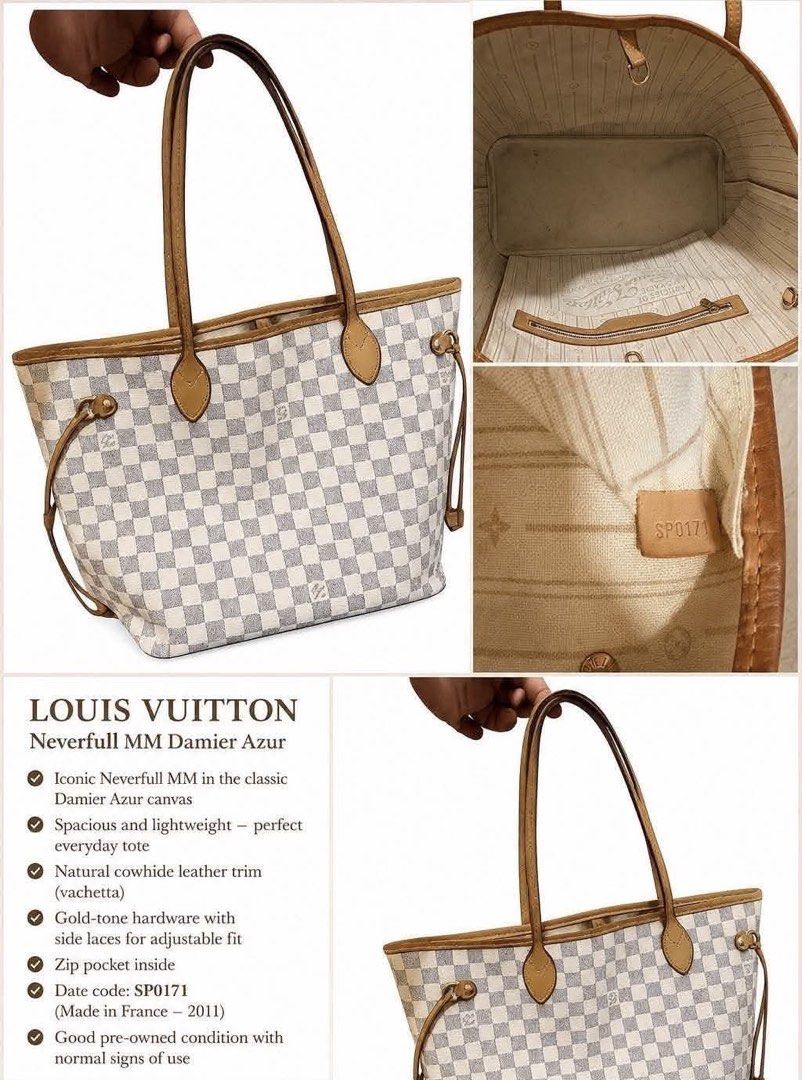 LV Bag Neverfull MM Damier Azul, Pre-loved (Category: Luxury Bags & Wallets) located in Borongan. Submitted by kabes_jane (Listing ID 1466970471, Image 1). Description: Good pre-owned condition with normal signs of use. Date Code: SP0171 (Made in France - 2011).
