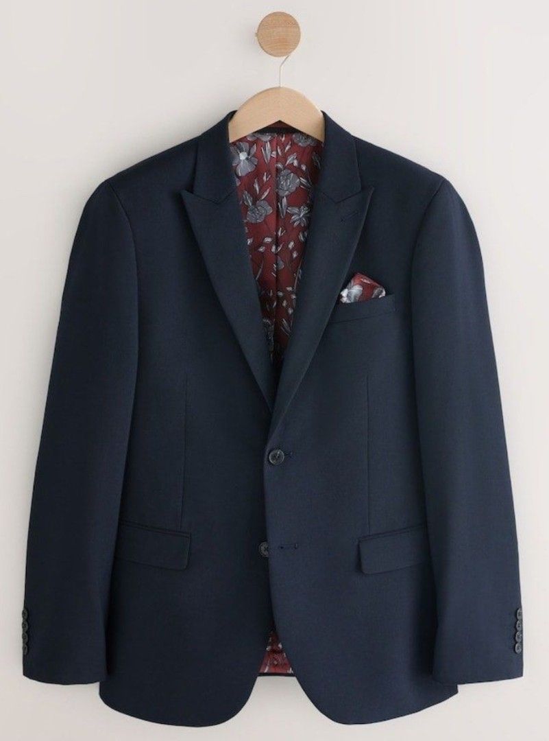 Next Tailoring Slim Fit Navy Blazer Size 46R (Category: Coats, Jackets and Outerwear) located in Quezon City. Submitted by czjr5 (Listing ID 1466943967, Image 1). Description: Shoulder width :19" Bust width: 23.5" body length : 30" sleeve length: 27" RFS: too big for me. Other details: Next Tailoring slim fit blazer in navy blue. Size 46R regular length, 180/116A. Two-button front closure, flap pockets, notch lapels. Inside lining features a stri