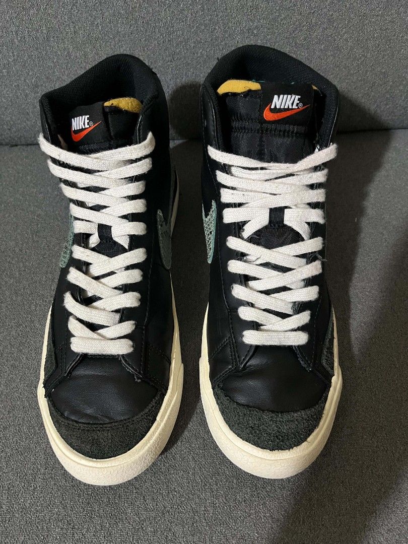 Nike Blazer Mid '77 Vintage Snakeskin Black (Category: Sneakers) located in General Santos City (Dadiangas). Submitted by vashcollection16 (Listing ID 1466923708, Image 1). Description: - Brand/Model: Nike Blazer Mid '77 Vintage High-Top - Colorway: Black leather upper with green snakeskin textured swooshes and matching heel panels - Details: Suede overlays on toe box/mudguard, classic yellowed exposed-foam tongue, crisp white laces, and off-whit