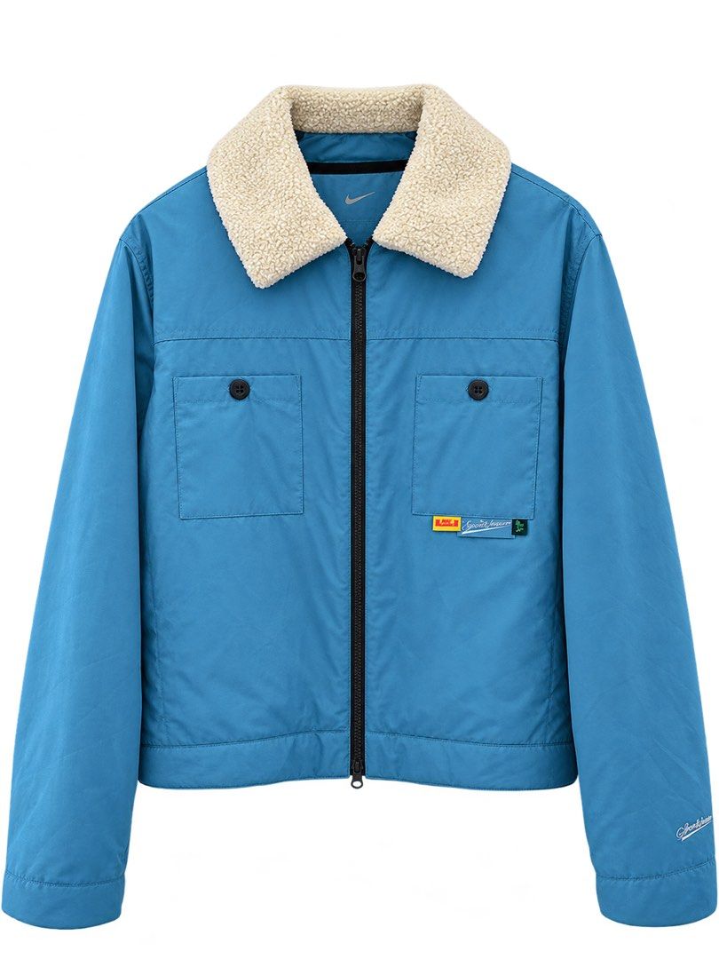 Nike LeBron Strive For Greatness Sherpa Collar Jacket (Category: Coats, Jackets and Outerwear) located in San Pablo. Submitted by angiemac0921 (Listing ID 1466842499, Image 1). Description: - Brand: Nike LeBron - Color: Blue with cream sherpa fleece collar - Size: Large (L) - Material: 100% polyester - Hardware: Full zip front with YKK zippers - Pockets: Dual chest pockets with button closures - Details: LeBron crown logo patch, 'Strive For Great