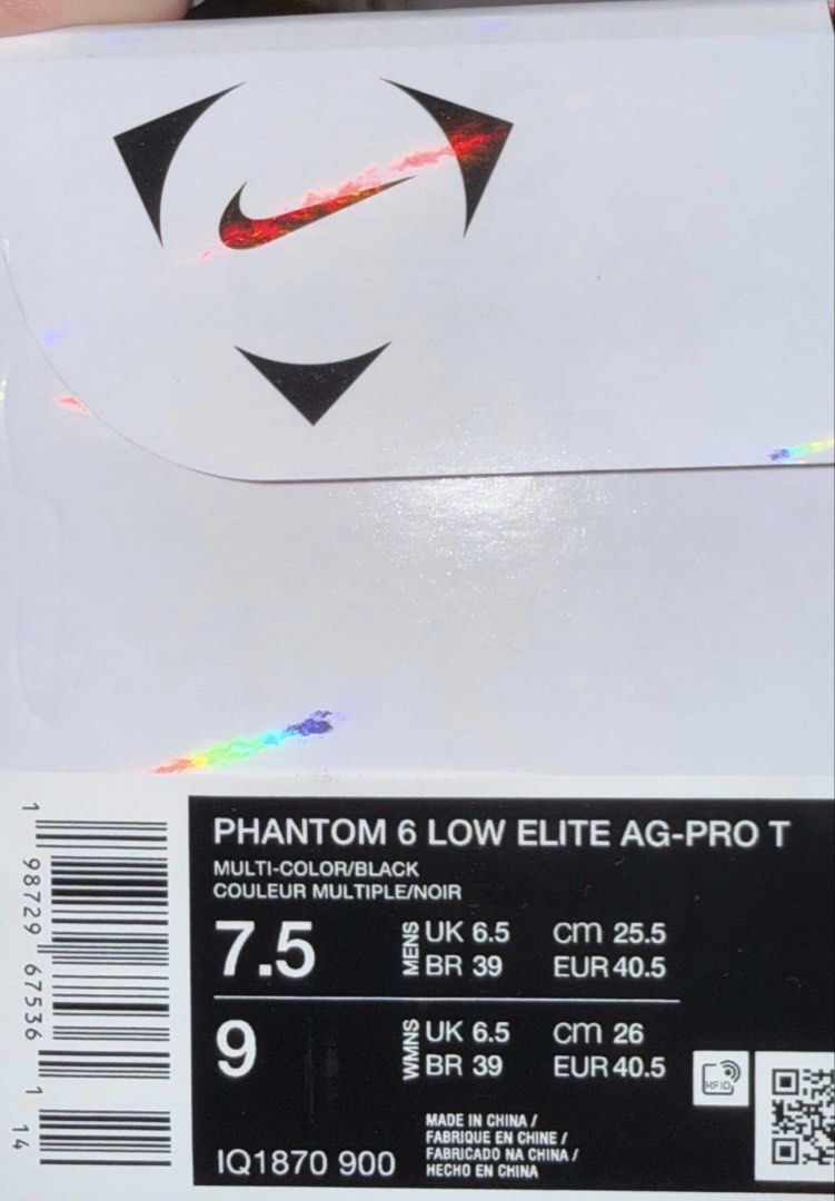 Nike Phantom 6 Low Elite AG-PRO T Multi-Color/Black (Category: Activewear) located in Taguig. Submitted by hazeltanb (Listing ID 1466967546, Image 2). Description: - Model: Nike Phantom 6 Low Elite AG-PRO T - Colorway: Multi-color and black with bright pink and white accents - Size: US Men 7.5 / UK 6.5 / EUR 40.5 / CM 25.5 (Also fits US Women 9) - Soleplate: AG-PRO designed specifically for artificial grass pitches - Condition: Brand new with tag