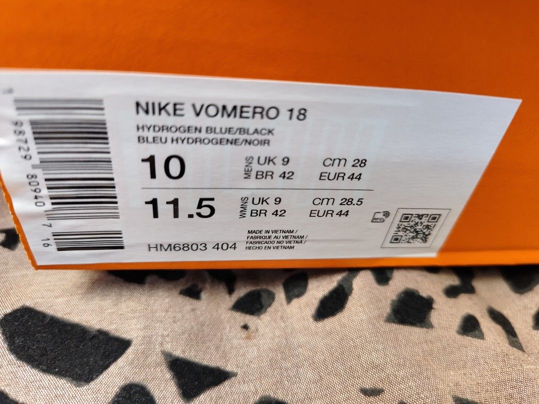 Nike Vomero 18 Hydrogen Blue Black (Category: Sneakers) located in Quezon City. Submitted by webyitedea97597 (Listing ID 1466831902, Image 2). Description: - Brand: Nike - Model: Vomero 18 Running Shoes - Colorway: Hydrogen Blue / Black with Orange Accents - Size: Men's US 10 / Women's US 11.5 - Condition: Excellent, clean soles, and crisp mesh uppers - Features: Maximum cushioning yellow insoles for ultimate comfort - Packaging: Comes with origi