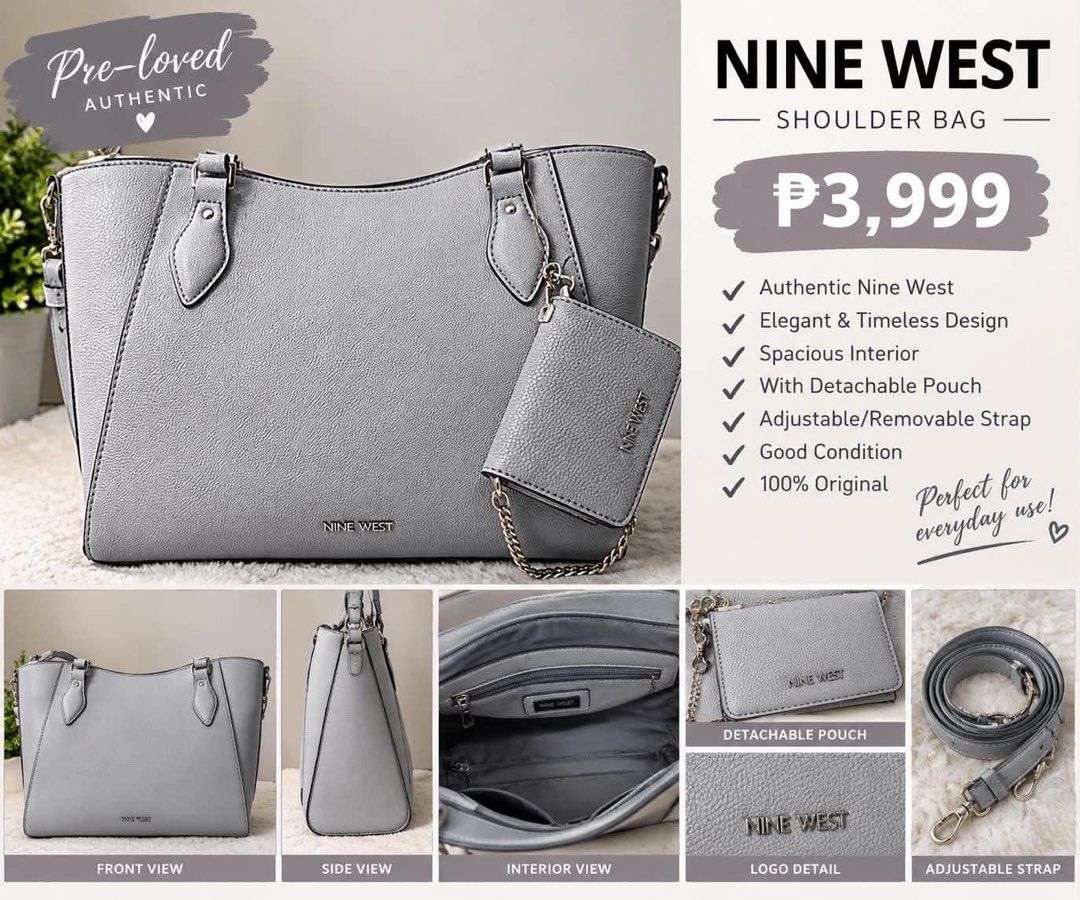 Nine West Grey Shoulder Bag with Detachable Pouch (Category: Shoulder Bags) located in Taguig. Submitted by shop.alybuzon (Listing ID 1466884895, Image 1). Description: MOP: Gcash (Payment before ship/delivery) Courier: Same day — Lalamove/Grab J&T Express.