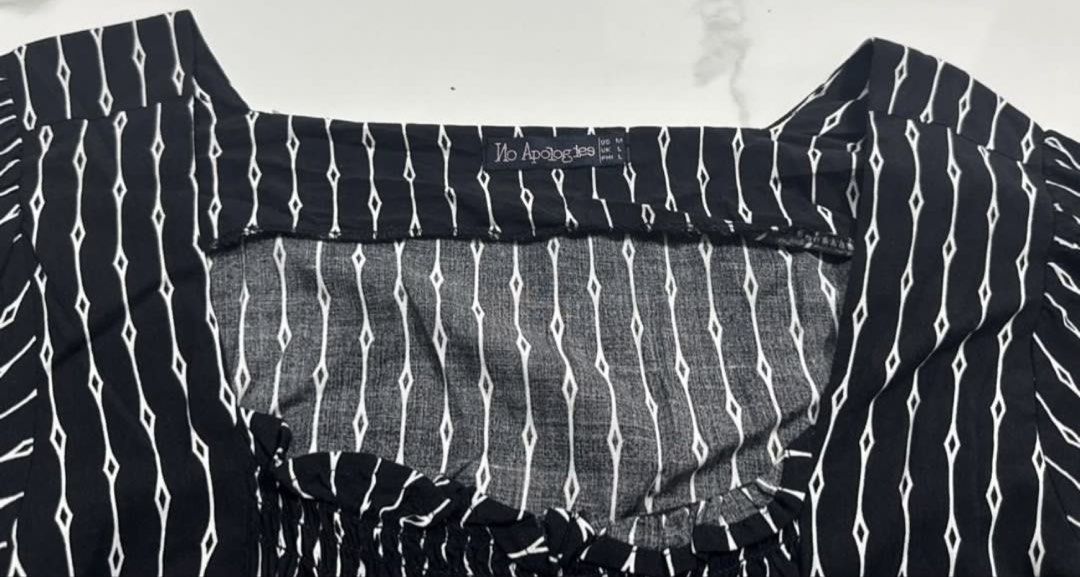 No Apologies Black White Pattern Square Neck Blouse Size M (Category: Blouses) located in Pasay City. Submitted by szepter (Listing ID 1466793125, Image 3). Description: - Style: Black blouse with white geometric vertical stripes - Details: Square neckline, smocked bodice, and short puff sleeves with elastic cuffs - Fit: Relaxed fit through the waist, lightweight fabric - Measurements: Chest roughly 18" across, total length around 24" from should