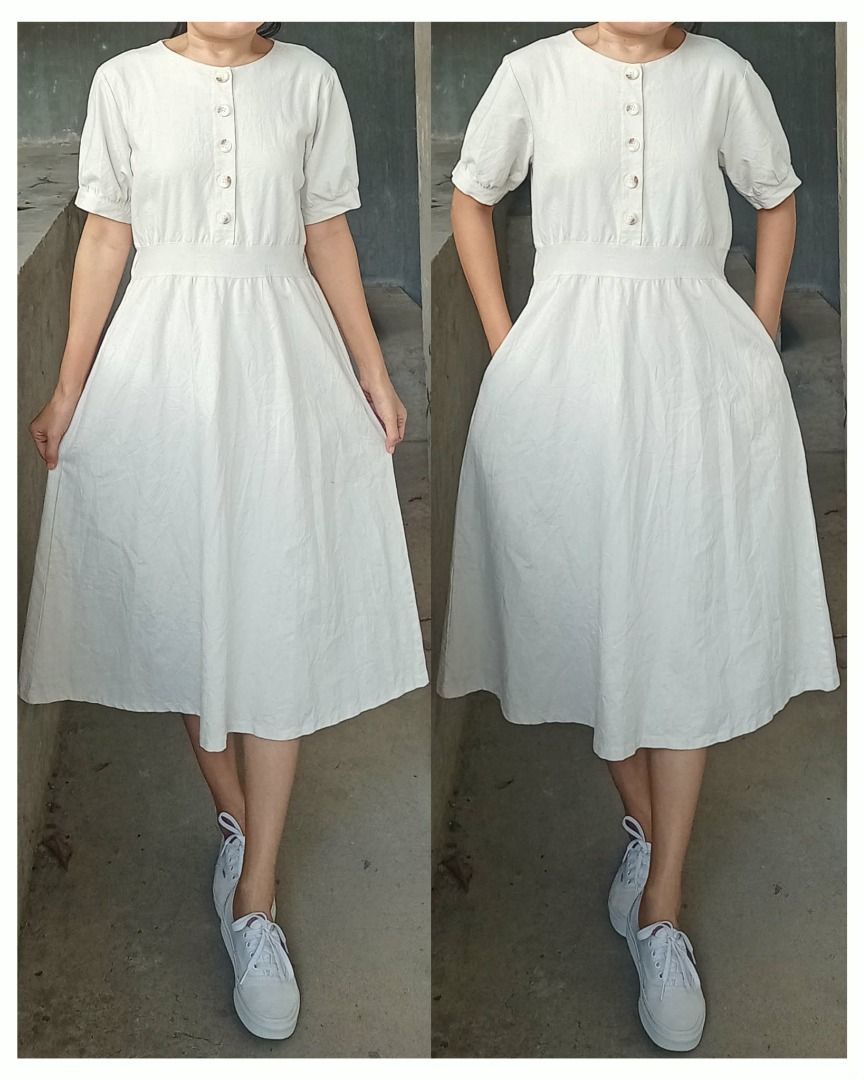 Oat Linen midi dress (Category: Dresses) located in Davao. Submitted by irisrazona16792 (Listing ID 1466787069, Image 2). Description: Wd side pocket Bust 36 Waist 28-30 (garterize) L 43.5 good as new.