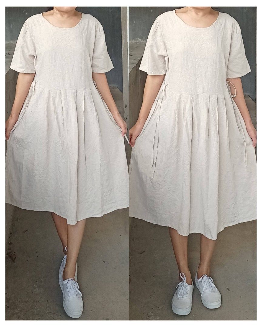 Oat Linen midi dress (Category: Dresses) located in Davao. Submitted by kannikasok1987 (Listing ID 1466904608, Image 1). Description: Adjustable waist tie Bust 40 Waist 30-42 (adjustable tie) L 41.5 mall quality.