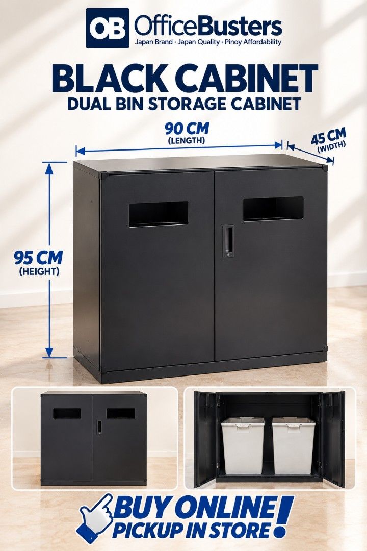 OfficeBusters Black Dual Bin Storage Cabinet (Category: Shelves, Cabinets & Racks) located in Quezon City. Submitted by kevinmacabata12997160 (Listing ID 1466779709, Image 1). Description: - Brand: OfficeBusters dual bin storage cabinet in sleek black - Dimensions: 90 cm (L) x 45 cm (W) x 95 cm (H) - Features: Double doors with convenient top slot openings for easy disposal or access - Storage: Includes 2 removable inner bins - Material: Sturdy m