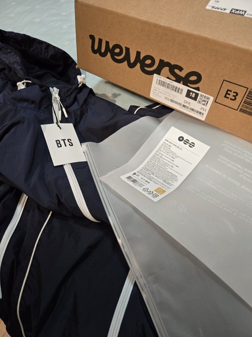 OFFICIAL HYBE Korea BTS WIND JACKET DIVE - size XL (Category: Coats, Jackets and Outerwear) located in Quezon City. Submitted by mymuzes (Listing ID 1466808104, Image 3). Description: XL size brand new BTS wind jacket DIVE, just arrived in Quezon City, on hand, purchased thru weverse, only selling to reorder a different size.