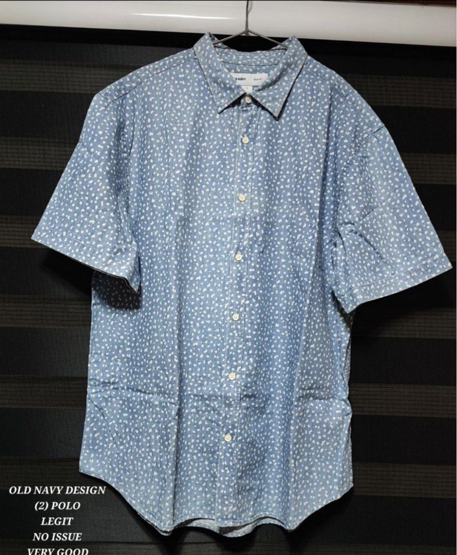Old Navy Blue White Dot Short Sleeve Polo (Category: Formal Shirts) located in Pasig City. Submitted by abogadosupremo (Listing ID 1466961761, Image 1). Description: - Brand: Old Navy - Style: Short sleeve polo shirt with button-down front and collar - Design: Light blue denim-look fabric with small white polka dots - Fit: Standard slim fit - Condition: Clean, no stains or rips - Ideal for: Casual everyday wear - THIS IS LEGIT AND ORIGINAL - VERY