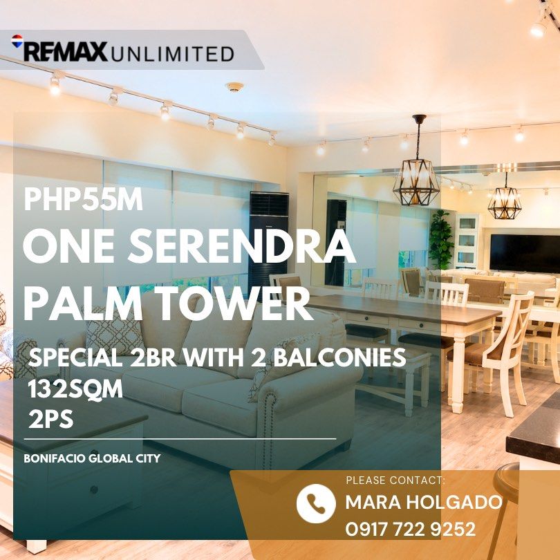 One Serendra | Palm Tower | special 2BR | 2PS | 132sqm (Category: Apartments & Condos) located in Pasig City. Submitted by maraholgado (Listing ID 1466804090, Image 1). Description: One Serendra (Palm Tower) Property details: • Special 2BR Unit with 2 balconies • Floor area: 132sqm • 2 parking slots • 3rd floor • 11th avenue / seda side • Asking price: Php55,000,000.00 For inquiries and property showing: Mara Holgado Re/Max Unlimited 0917.722.925