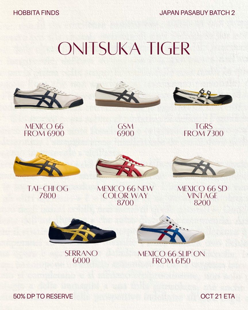 Onitsuka Tiger Pasabuy (Category: Casual Shoes) located in San Pedro. Submitted by hobbitaph (Listing ID 1466782085, Image 1). Description: Accepting pasabuy for Onitsuka Tiger! cut off: oct 17 eta: oct 21 If you have specific items in mind, let us know and we’ll try to source it for you :) .
