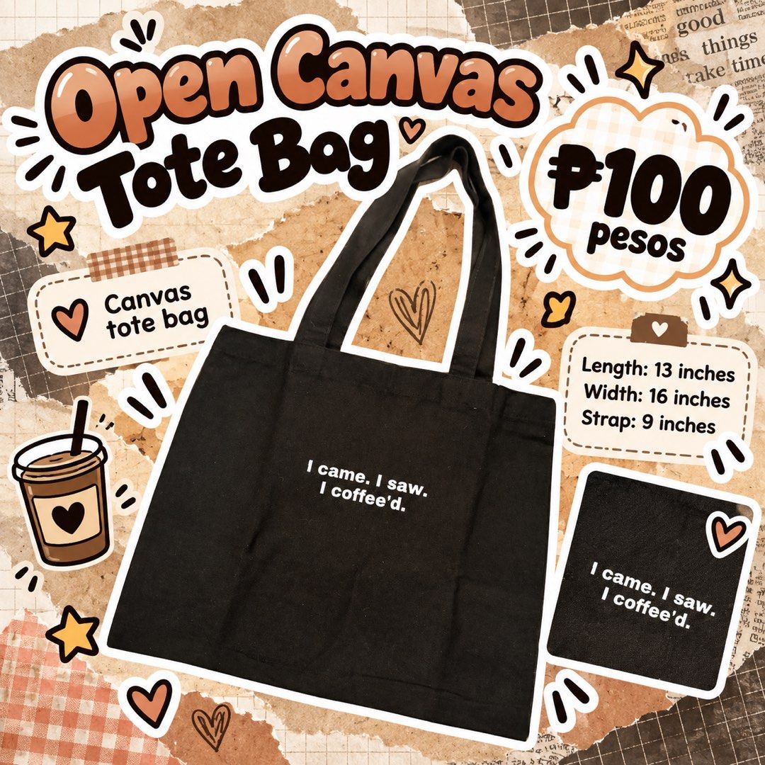 Open Canvas Tote Bag - Black Coffee Design (Category: Tote Bags) located in Iloilo. Submitted by andreaaudine.j (Listing ID 1466969814, Image 3). Description: Canvas Tote Bag and Coin purse .
