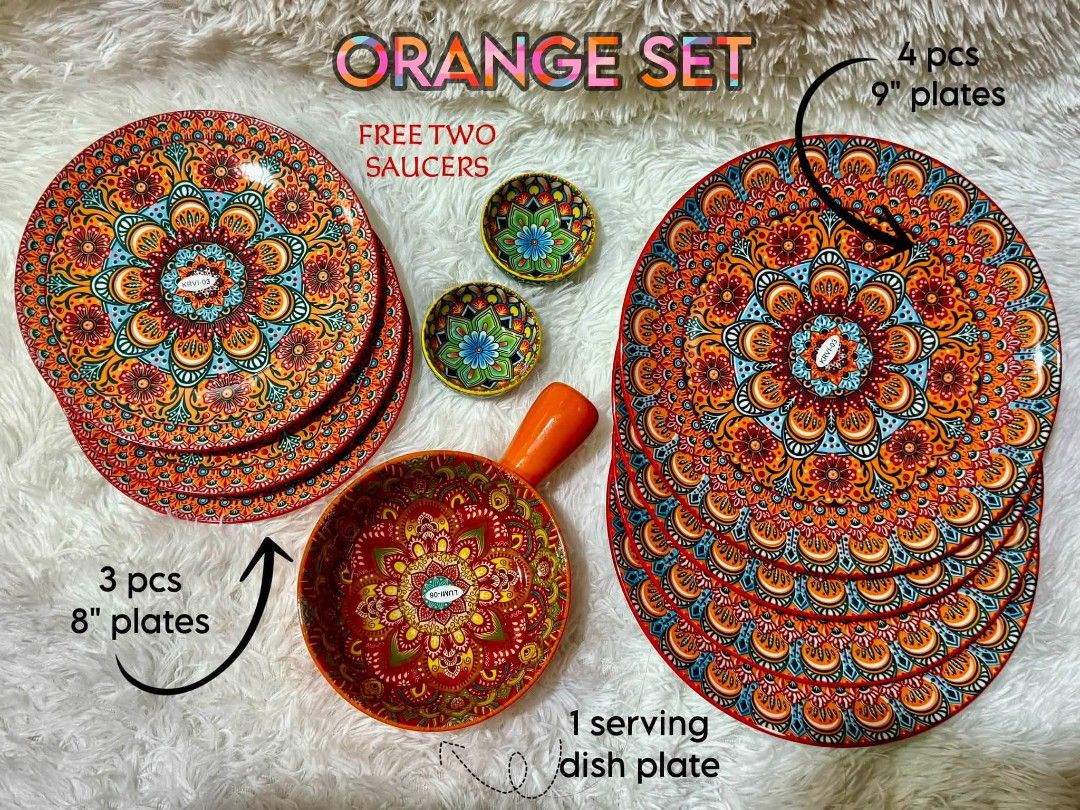 Orange Set Mandala Design Dinnerware (Category: Dinnerware & Cutlery) located in Paranaque City. Submitted by allisberry (Listing ID 1466844157, Image 1). Description: - Vibrant orange mandala design with stunning red and blue tones - Complete matching set for your dining table setup - Includes 4 pieces of 9-inch plates - Includes 3 pieces of 8-inch plates - Includes 1 serving dish plate with a handle - FREE: 2 matching saucers - Condition: Brand
