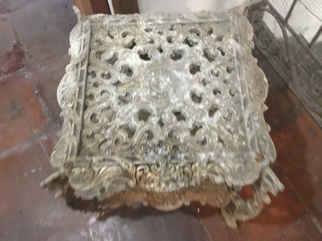 Ornate Cast Iron Two Tier Side Table Plant Stand (Category: Tables & Sets) located in Manila. Submitted by roberto.enriquez (Listing ID 1466967944, Image 2). Description: - Type: Two-tier metal stand / accent table - Material: Heavy cast iron with solid, sturdy structure - Design: Intricate scrollwork patterns, ornate curved legs, square tabletop, and matching lower shelf - Style: Classic antique French provincial or Victorian garden - Finish: Go