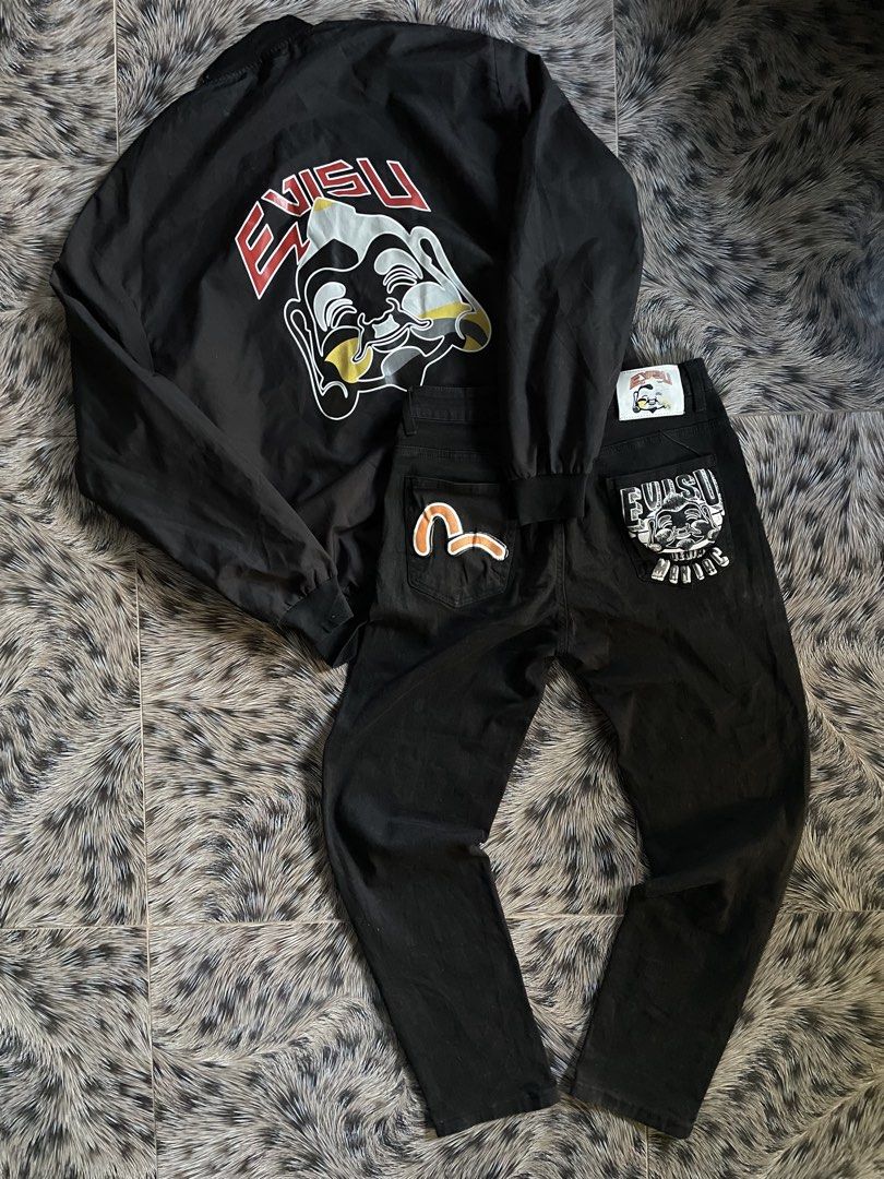 Overall Evisu Garments Up and Down (Category: Sets & Coordinates) located in Manila. Submitted by streetnattylituptown (Listing ID 1466793616, Image 1). Description: Overall Evisu Garments Up and Down Evisu “Evisu Maniac” Black Denim -Excellent condition -Good Fittings Dimes: Width: 28-34 Length: 39 Leg Opening: 6.5 Evisu Big Buddha Logo Zip-up Bomber Jacket -Excellent Condition -Boxy Fit Dimes: Length: 28 Width: 23 UNLI VC UNLI VOUCH CABUYAO LAG