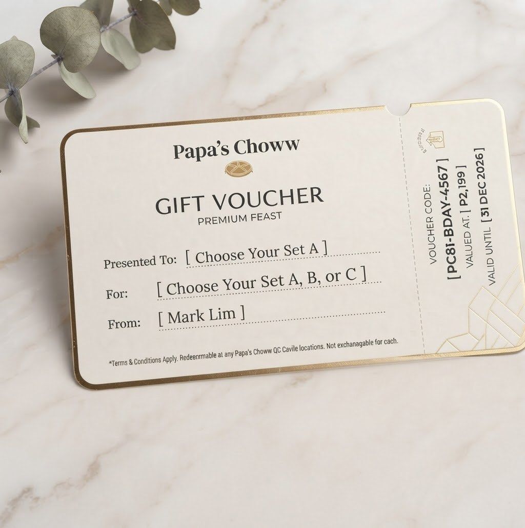 Papa’s Choww AP4T DAPAT Bundle | Physical Gift Voucher (Category: Vouchers) located in Quezon City. Submitted by papaschowwqc (Listing ID 1466923983, Image 2). Description: Give the gift of a great meal with a physical gift voucher for our AP4T DAPAT Bundle. Perfect for birthdays, family gatherings, and celebrations, this voucher is shipped directly to you as a physical card that you can easily hand over as a gift. What’s Included in the Feast: C