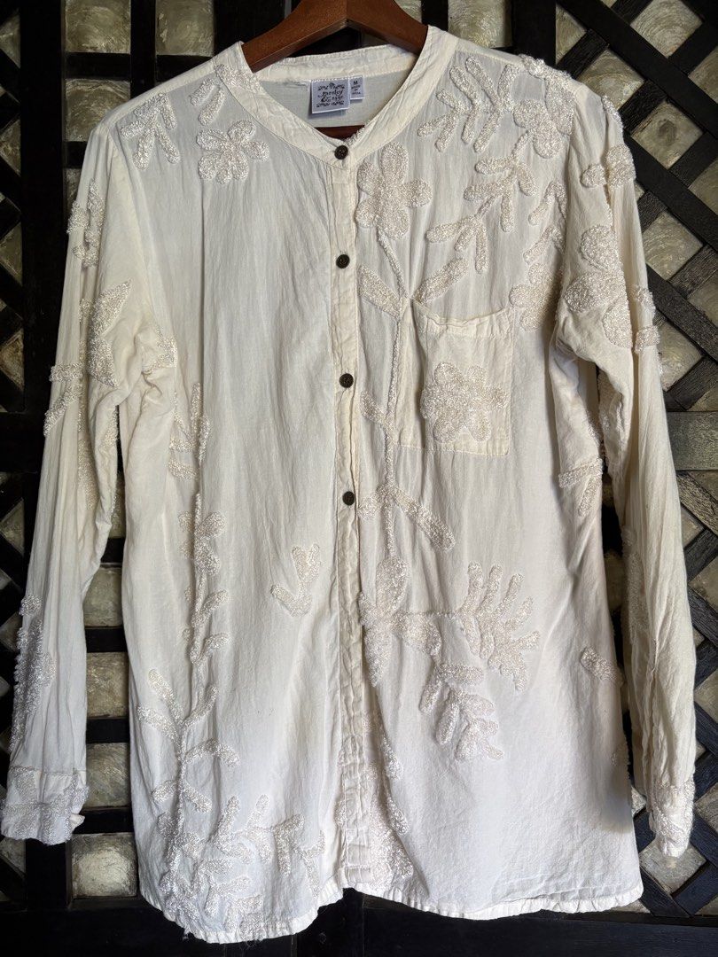 Parsley & Sage Embroidered Button-Down Blouse Size M (Category: Blouses) located in Batangas. Submitted by purple_and_orange (Listing ID 1466828994, Image 1). Description: - Brand: Parsley & Sage - Size: Medium (Made in India) - Material: 100% Cotton - Color: Off-white with beautiful tonal floral and vine embroidery - Features: Mandarin collar, front button closure, single chest pocket, and long sleeves - Care: Hand wash recommended - Condition: 