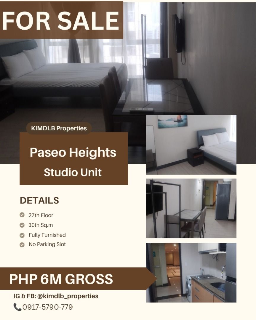 PASEO HEIGHTS STUDIO FOR SALE (Category: Apartments & Condos) located in Makati City. Submitted by kimdlb_properties (Listing ID 1265261959, Image 1). Description: ✨ Studio for Sale at Paseo Heights ✨ Live in the heart of Salcedo Village! This prime 30sq.m fully furnished studio on the 27th floor is now on the market. Perfect for young professionals, city dwellers, or as a high-yielding rental investment. 🏙️ Paseo Heights, Salcedo Village, Makat