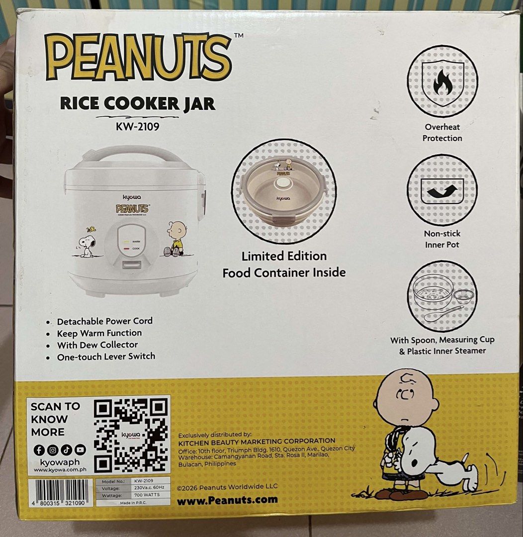 PEANUTS RICE COOKER JAR (Category: Cookers) located in Manila. Submitted by kemberle_1 (Listing ID 1466805195, Image 2). Description: PEANUTS RICE COOKER JAR Kyowa Peanuts KW-2109 | 700W 📌 Condition: Brand New ✅ Complete with box & inclusions Specs: • 700W | 230V, 60Hz • Non-stick inner pot • Keep Warm Function • Overheat Protection • Detachable Power Cord • Dew Collector • One-touch Lever Switch • Food Container Inside • Plastic Inner Steamer •