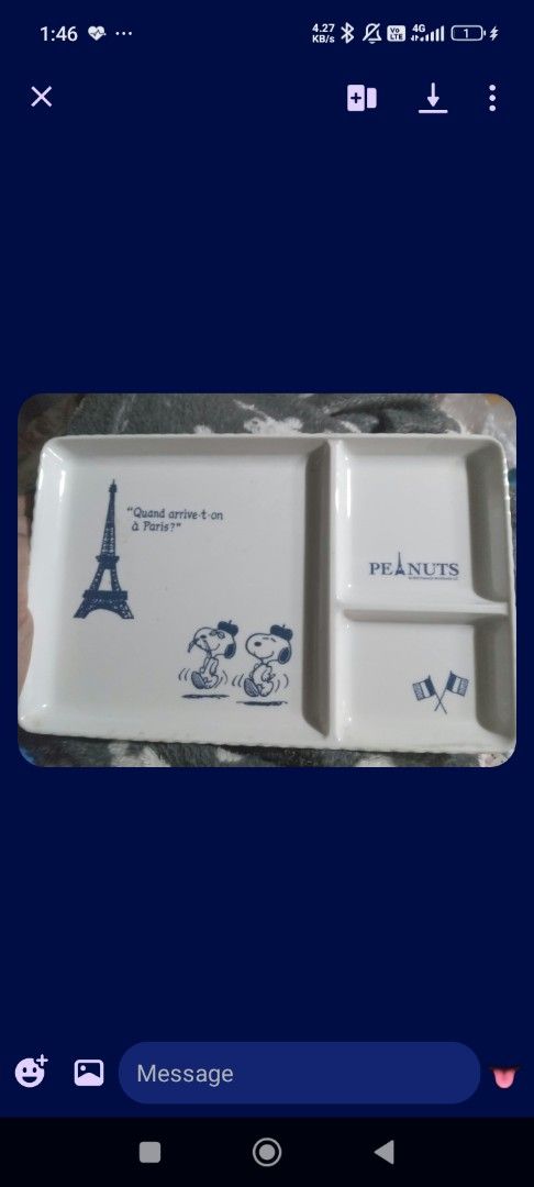 For take all -Peanuts Snoopy Paris Eiffel Tower Divided Ceramic eating serving Tray Plate (Category: Babies & Kids Fashion) located in Manila. Submitted by kramchelle (Listing ID 1466957556, Image 2). Description: - Can be bought per peice - Authentic from US -Peanuts Snoopy divided serving tray with a charming French Paris theme - Features adorable illustrations of Snoopy in a beret, the Eiffel Tower, and French flags in blue and white - Display