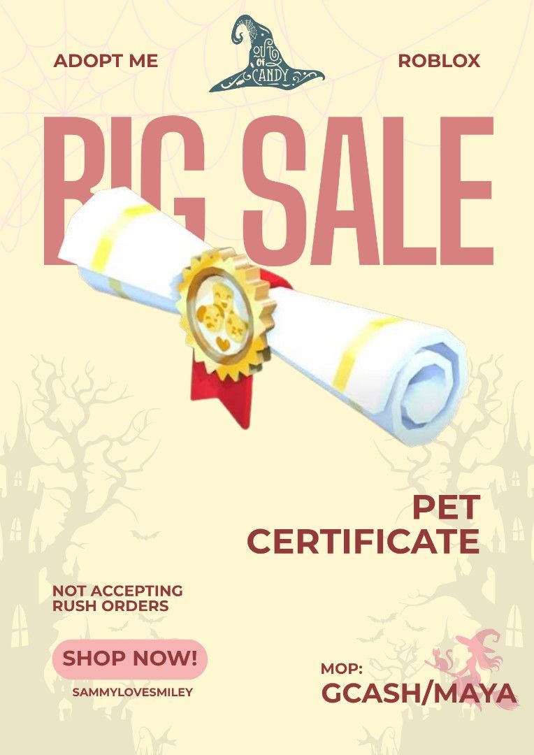Pet Certificate Adopt Me (Category: In-Game Products) located in Iligan City. Submitted by sammylovesmiley (Listing ID 1466875542, Image 1). Description: stock: 3 ☞dm me for fast transaction ☞only accepting GCASH and MAYA for payment ☆fixed price ☆ No refund after the trade.