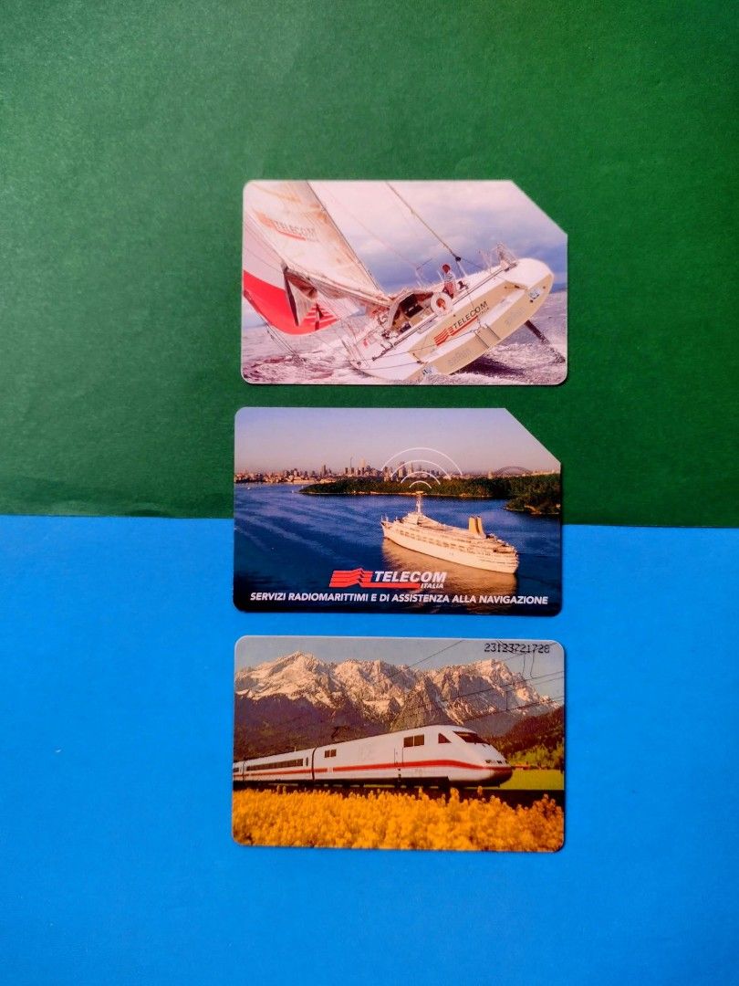 Phone cards ( used) :Italy & Germany (Category: Vintage Collectibles) located in Manila. Submitted by darkbloodmoon (Listing ID 1466804063, Image 1). Description: -40 per card -Upper : Italy -Racing Sail Boat -Middle: Italy - Ocean Liner SS Guglielmo Marconi -Bottom: Germany: High Speed Train.