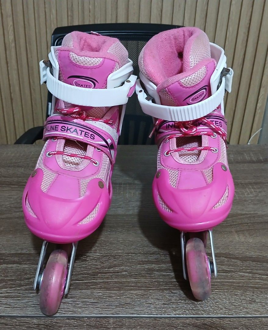 Pink and White Inline Skates Sport Skates (Category: Skates, Rollerblades & Scooters) located in Manila. Submitted by cooltree-540c (Listing ID 1466778078, Image 3). Description: - Color: Cute pink and white design - Fit: Adjustable strap, buckle closure, and laces with soft mesh padding for extra comfort - Frame & Wheels: Sturdy silver aluminum frame with smooth-rolling pink wheels - Safety: Equipped with a rear brake on the right skate - Condit