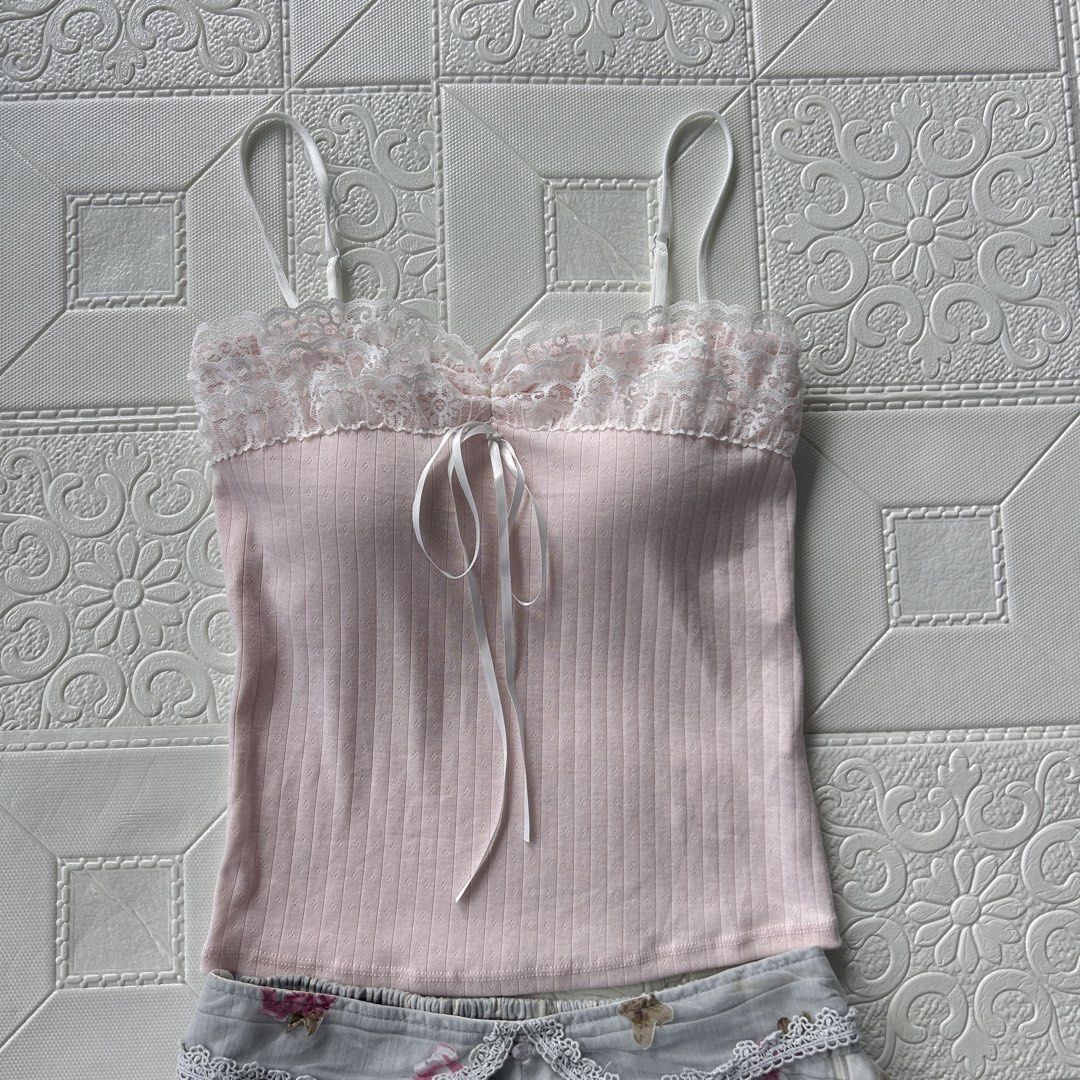 Pink lace camisole padded top (Category: Sets or Coordinates) located in Baguio. Submitted by icandy.collects (Listing ID 1466864970, Image 2). Description: Pink coquette ballet top -no flaws -fits xs-m -slightly stretchable and adjustable straps.