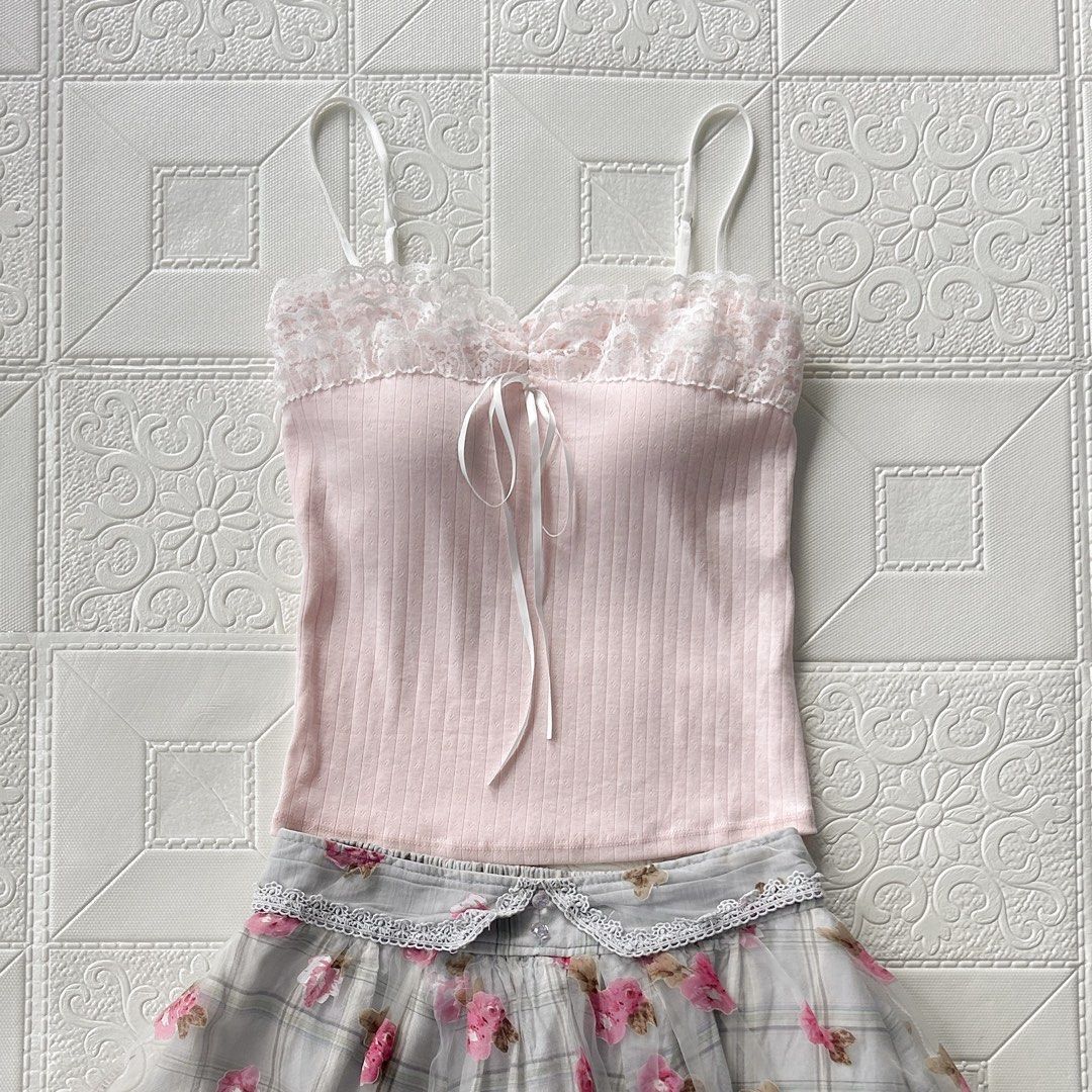 Pink lace camisole padded top (Category: Sets or Coordinates) located in Baguio. Submitted by icandy.collects (Listing ID 1466864970, Image 1). Description: Pink coquette ballet top -no flaws -fits xs-m -slightly stretchable and adjustable straps.