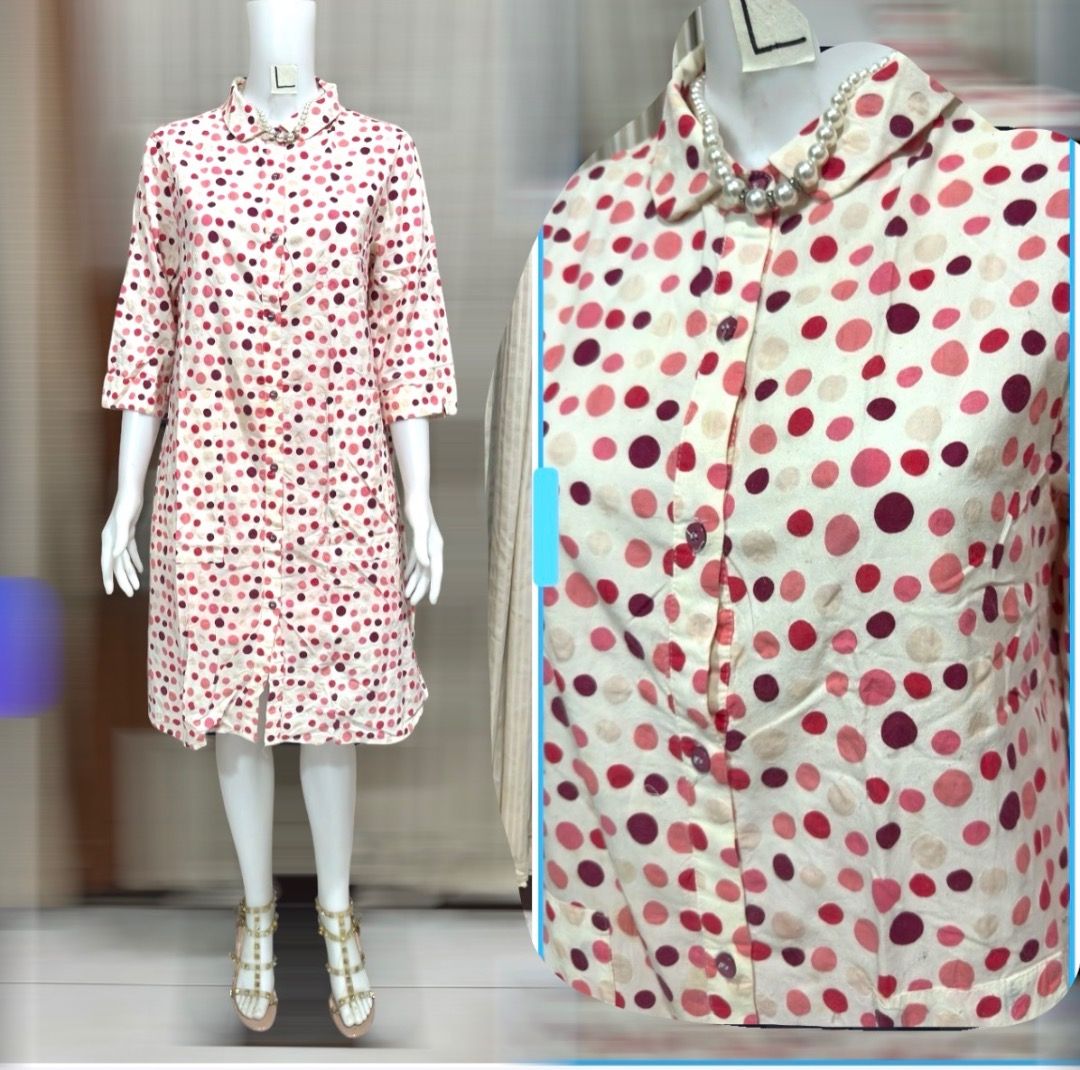 Pink Polka Dot Button-Down Shirt Dress (Category: Dresses) located in Cotabato. Submitted by thefashionproject88 (Listing ID 1466968949, Image 1). Description: - Style: Knee-length shirt dress with a relaxed, straight cut - Pattern: Fun pink and dark red polka dots on a light base fabric - Details: Classic collar, full front button placket, and 3/4 sleeves - Versatility: Great for casual days, errands, or weekend hangouts - Easy Wear: Effortless 