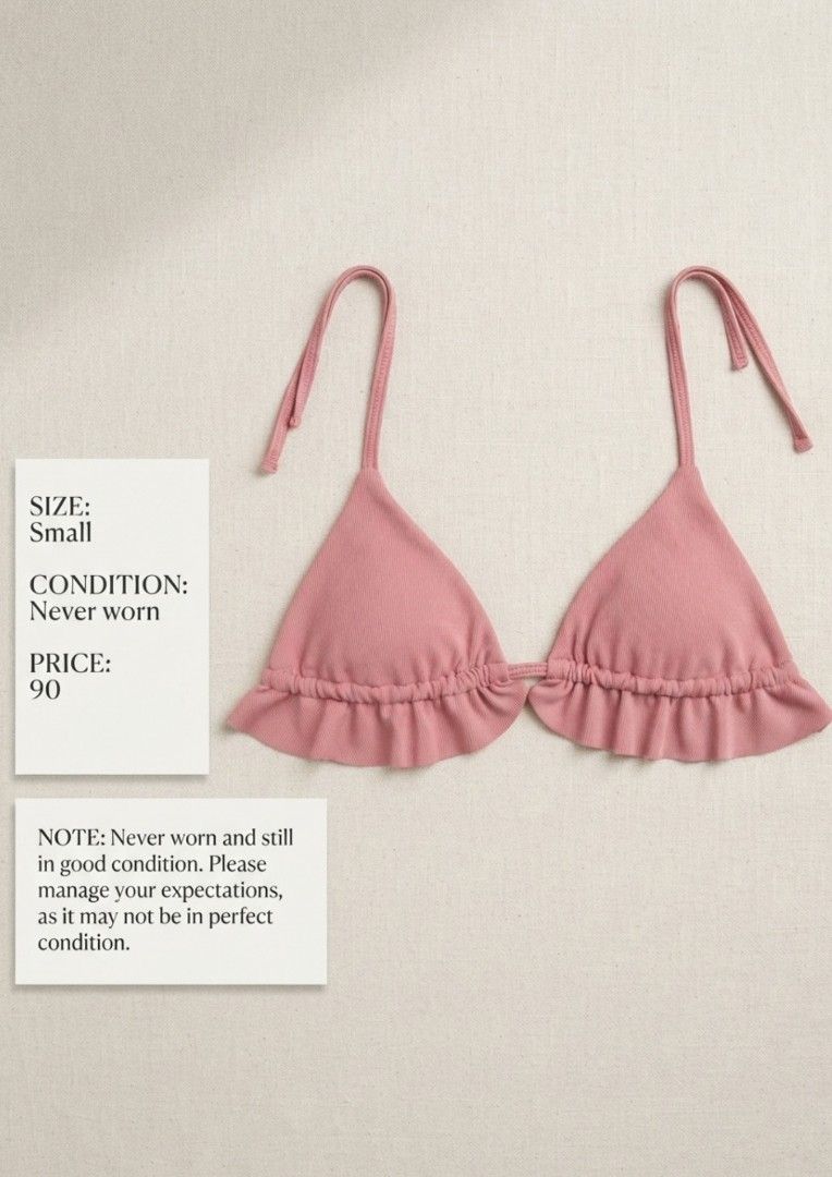 Pink Ruffle Triangle Bikini Top | Small | ₱90 (Category: Bikinis & Swimsuits) located in Quezon City. Submitted by prelvdest26 (Listing ID 1466958717, Image 1). Description: Pink Ruffle Triangle Bikini Top 🩷 Size: Small Condition: Never worn / Never used Features a soft pink color, triangle-shaped cups, adjustable shoulder straps, and delicate ruffle details along the bottom for a cute, feminine look. Note: Never worn and still in good condition